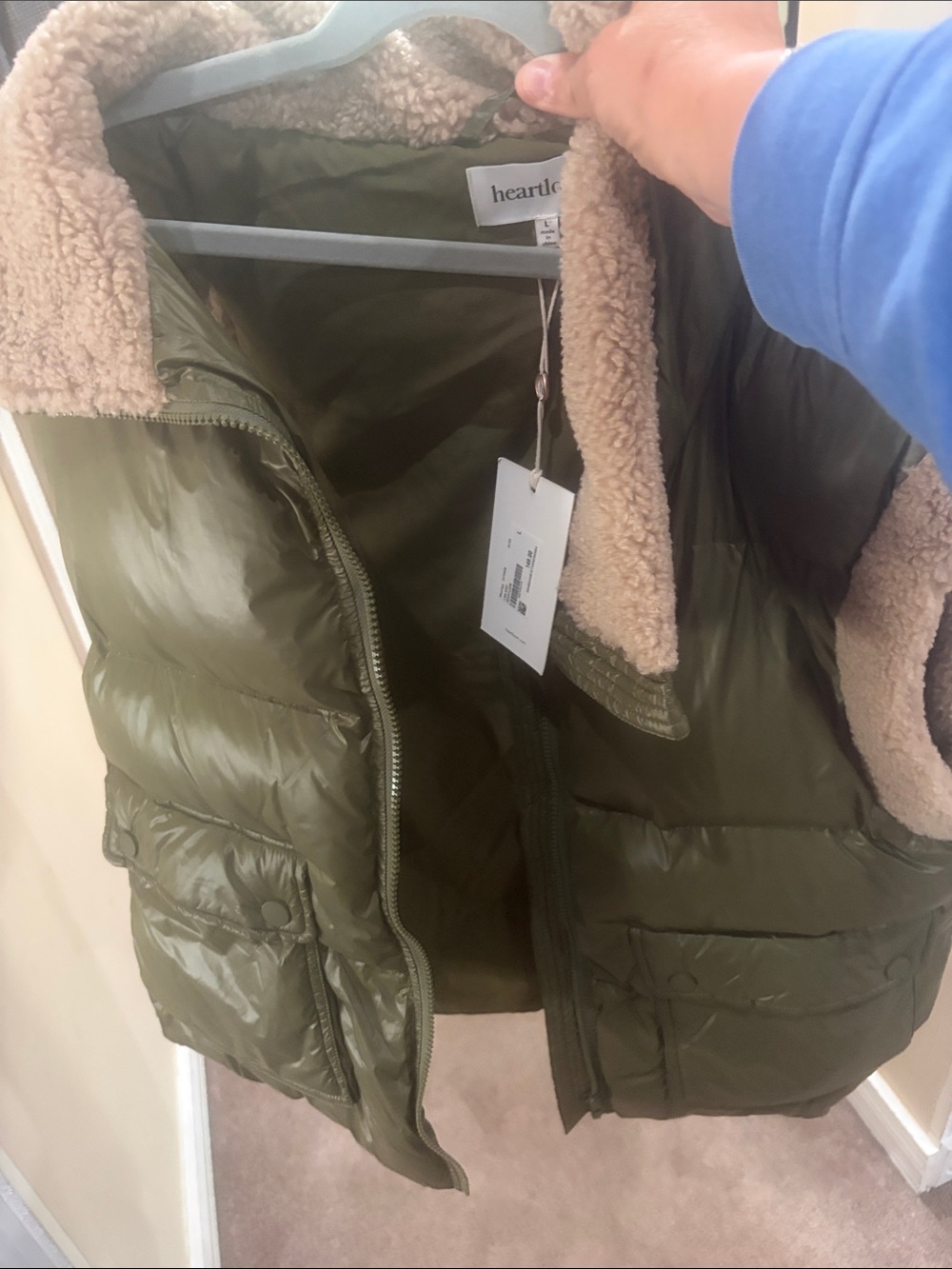 Heartloom Olive Quilted Puffer Vest with Cream Sherpa Trim